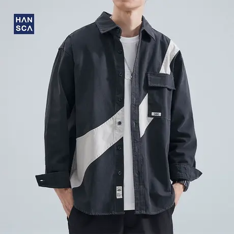 hansca宽松衬衫长袖男高级感春季新款潮牌撞色拼接休闲衬衣外套男商品大图