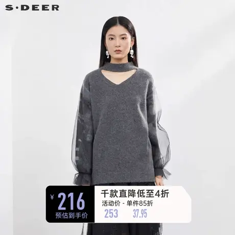 sdeer圣迪奥女装罗纹圆领镂空网纱长袖针织毛衣S224Z3524🐬商品大图