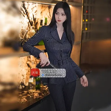 VJE秋季仿牛仔条纹职业套装新款气质翻领西服微喇叭裤两件套商品大图