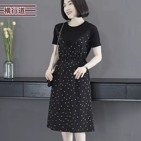 2023夏季新款简约甜美淑女圆领假两件碎花短袖连衣裙大码女装外穿图片