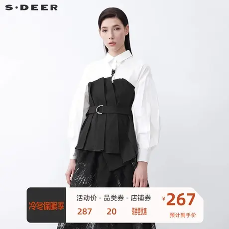 sdeer圣迪奥女装休闲翻领收腰抽褶撞色不规则衬衫S21480516🈺商品大图