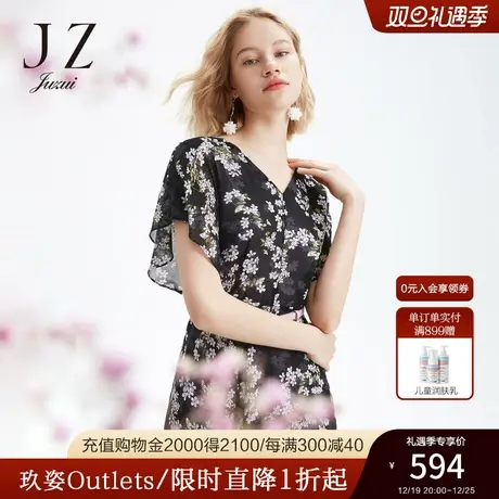 JZ玖姿奥莱夏装不规则轻薄碎花连衣裙女士短袖质感高级感小黑裙子图片