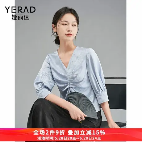 娅丽达新中式提花国风衬衫女夏季短袖2025新款女装抽褶收腰衬衣商品大图