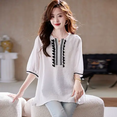 宝诗黎波西米亚风刺绣短袖衬衫2025夏季简约宽松休闲白色衬衣女商品大图