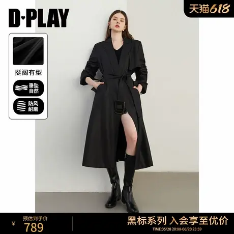 DPLAY【黑标】2025年春季新款黑色风衣外套女西装领宽松长款大衣商品大图