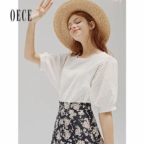 oece夏装新款女装元气白甜美法式圆领灯笼袖蕾丝上衣商品大图
