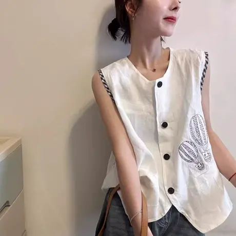 韩版百搭圆领刺绣无袖马甲女宽松时尚休闲上衣2025夏季新款小衫潮商品大图