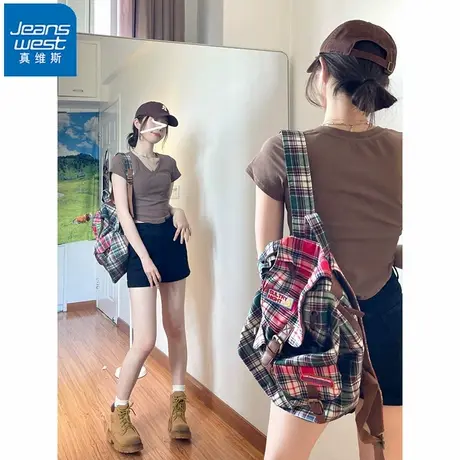 NR真维斯不规则下摆修身掐腰短袖t恤女夏季新款正肩别致V领短上衣图片