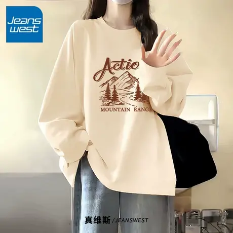 KV真维斯长袖t恤女2025新款春秋 宽松纯棉打底衫洋气减龄内搭上衣商品大图