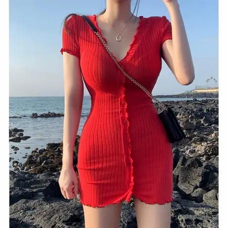 甜心辣妹~敲显白气质显身材针织Ｖ领连衣裙女短袖性感包臀短裙夏商品大图