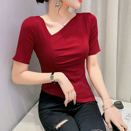 女装2024新款潮不规则短款T恤短袖时尚设计感小众V领上衣小衫夏季商品大图