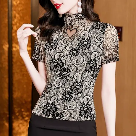 复古印花短袖T恤女士夏装性感镂空网纱小衫洋气百搭修身立领上衣商品大图