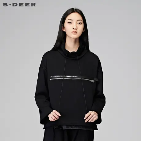 sdeer 圣迪奥2018冬新品装街头酷黑拉链卷边短款卫衣女Y17482205图片