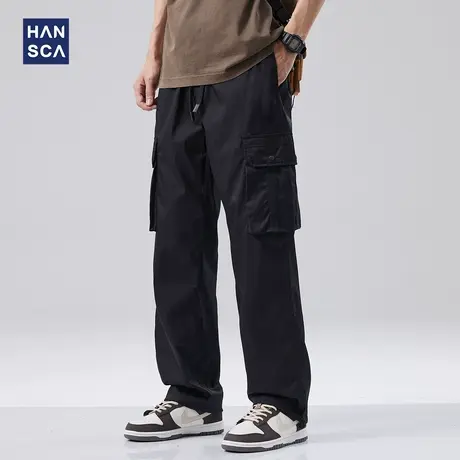 hansca高街潮牌直筒工装裤男春秋款美式多口袋休闲裤防风黑色裤子图片