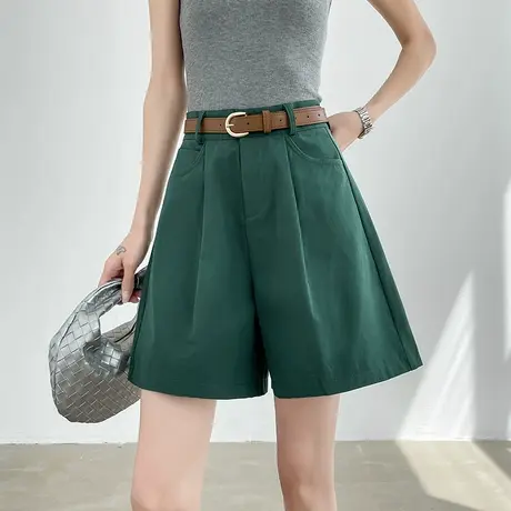 绿色休闲西装短裤女夏季薄款高腰显瘦宽松阔腿直筒A字棉五分中裤商品大图