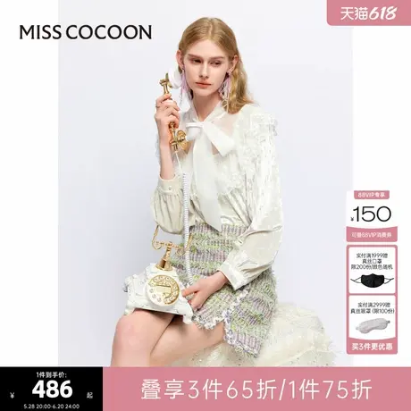 可可尼COCOON2025夏季新款复古宫廷风蕾丝花边上衣蝴蝶结飘带衬衫图片