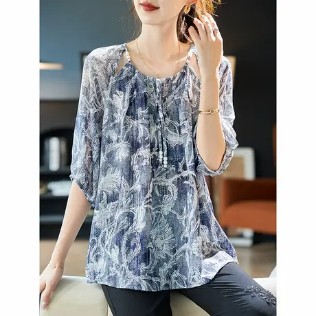 宝诗黎V领钉珠系带印花雪纺衫2025夏季五分袖宽松百搭休闲小衫女商品大图