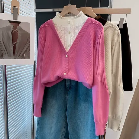 蕾丝半高领毛衣女假两件打底衫2025春秋新款钉珠针织衫内搭上衣潮商品大图