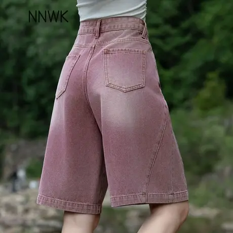 脏粉色牛仔短裤女夏季2025新款五分裤直筒宽松阔腿中裤六分裤高腰商品大图