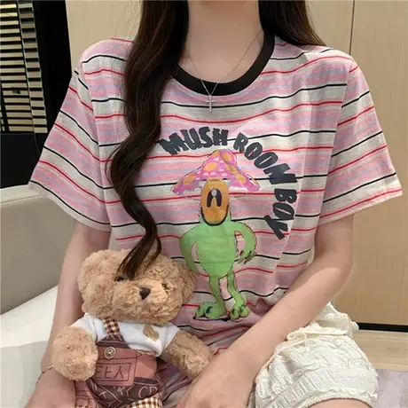 美式卡通条纹短袖t恤女2025新款早秋休闲减龄设计感撞色宽松上衣商品大图