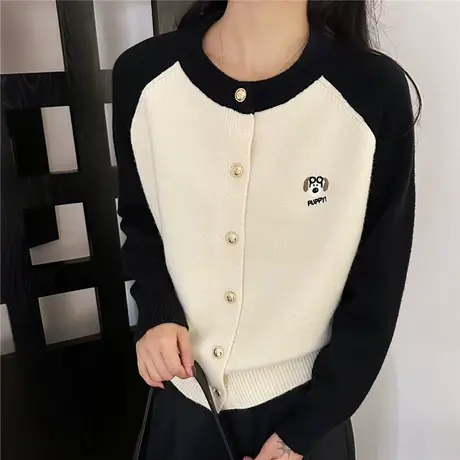 秋冬2024春秋新款拼色宽松针织开衫外套女小个子短款洋气外搭上衣商品大图