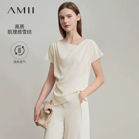 Amii2025夏新款优雅法式通勤风荡领连袖雪纺衫女不对称开叉上衣商品大图