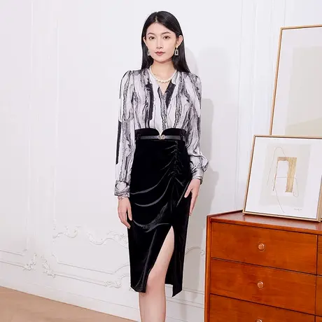 希区瑞普简约宅寂风丝绒拼接假两件长袖中长款连衣裙商品大图