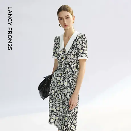 朗姿法式度假风复古碎花翻领连衣裙印花娃娃领收腰裙2025年夏季商品大图