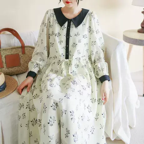 胖妹妹秋装印花撞色长袖连衣裙 大码娃娃领商品大图