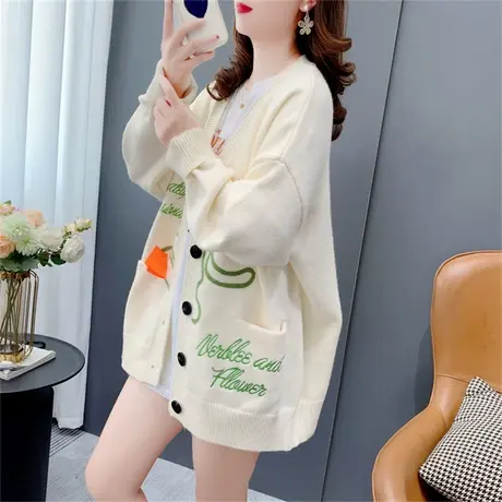 设计感立体花朵针织开衫女早秋2022年新款宽松设计感日系毛衣外套商品大图