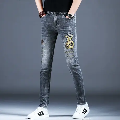 2024新款龙年刺绣牛仔裤男款灰色裤子修身小脚春秋季弹力潮流男士商品大图