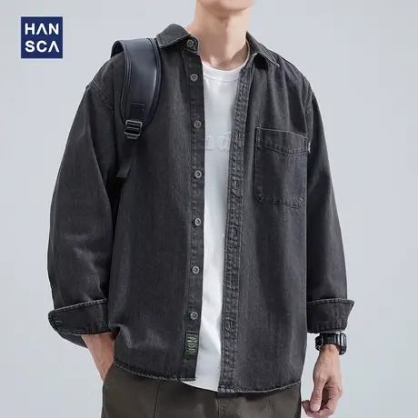 hansca秋季日系复古水洗牛仔衬衫男宽松休闲纯色拼接长袖衬衣外套商品大图