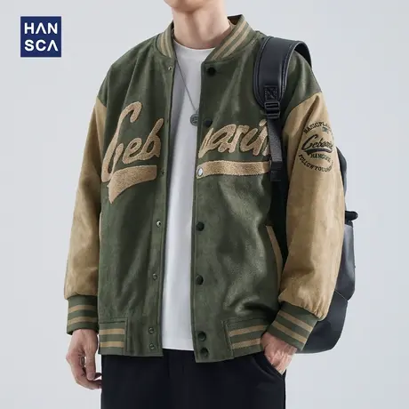 hansca麂皮绒棒球服外套男士2024秋冬潮牌宽松休闲撞色飞行员夹克图片
