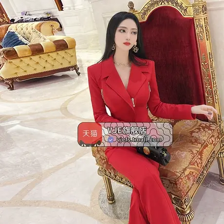 VJE秋季红色气质减龄女总裁正装套装新款小西装喇叭裤两件套商品大图