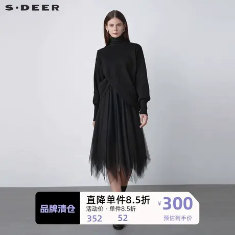 sdeer圣迪奥高领斜襟网纱拼接针织连衣裙S221Z1234商品大图