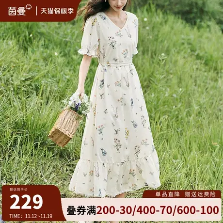 茵曼旗舰店法式碎花v领连衣裙女气质收腰显瘦中长裙2023夏季新款图片