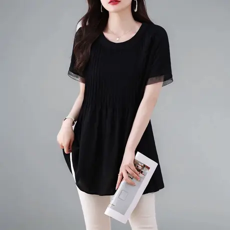 中长款雪纺衫女2025年新款夏装黑色宽松遮肚子显瘦减龄胖MM女上衣商品大图