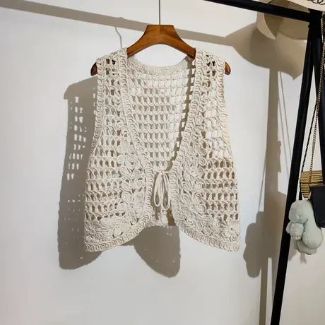 镂空系带针织马甲开衫女夏季新款波西米亚度假风无袖坎肩背心外穿图片