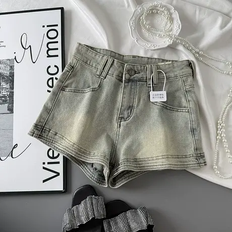 复古做旧高腰牛仔短裤女2025夏季新款辣妹弹力紧身包臀阔腿热裤潮商品大图