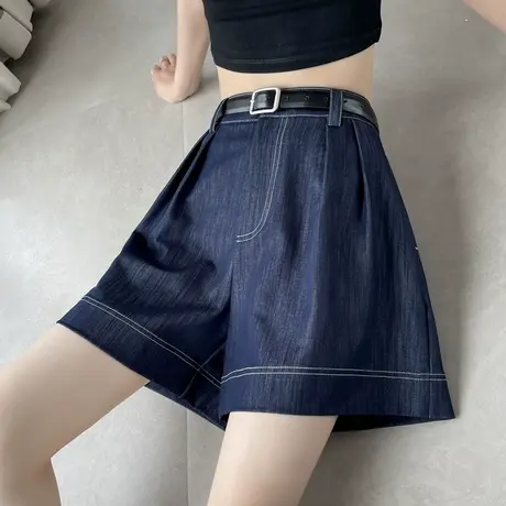 外穿蓝色天丝牛仔短裤女夏季薄款高腰宽松a字阔腿显瘦中裤五分裤图片