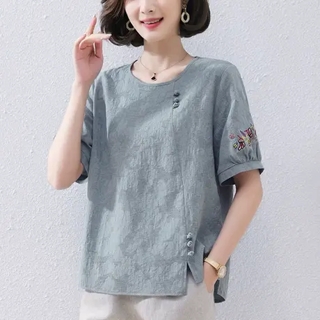 中年妈妈上衣夏季纯棉洋气短袖T恤宽松加大码女装遮肚子显瘦小衫商品大图