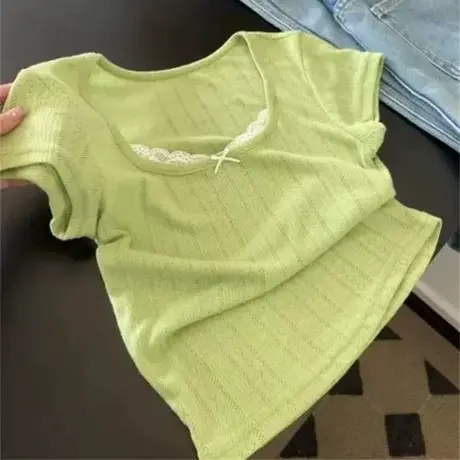 蕾丝拼接假两件短袖T恤女夏季修身小个子短款正肩设计感半袖上衣商品大图