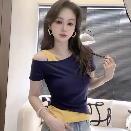 美式辣妹超好看的露肩假两件短袖女t恤独特漂亮斜肩气质上衣ins潮商品大图