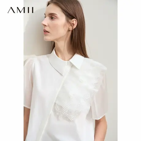 Amii2025夏新款极简翻领全棉梭织拼接轻薄微透天丝短袖直筒衬衫女商品大图