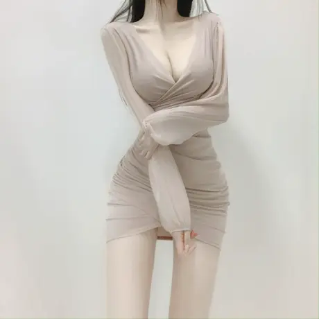 韩国东大门2022年新款修身性感气质蕾丝袖拼接V领包臀短裙连衣裙图片