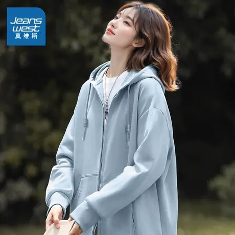 KMV真维斯蓝色连帽开衫卫衣女2025秋季新款宽松大码mm外套上衣潮图片