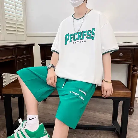 港风夏季套装男冰丝初中生13圆领短袖t恤14青少年学生15宽松衣服图片