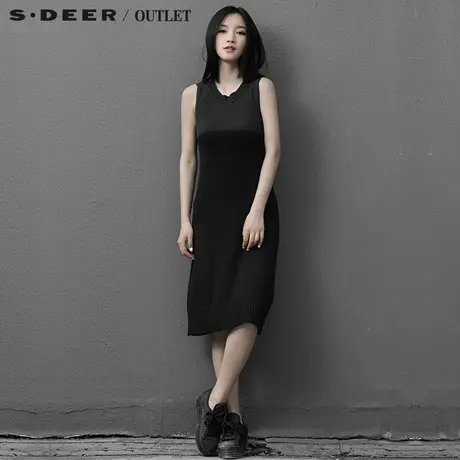 sdeer圣迪奥女2017秋装修身无袖拼接长款毛衣针织连衣裙S15383525图片