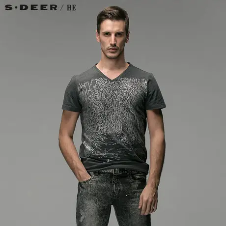 S.Deer/He【惠】圣迪奥V领泼墨涂鸦男士短袖T恤H14270197图片