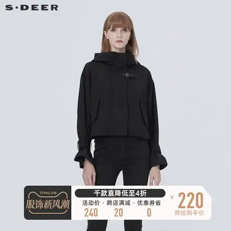 sdeer圣迪奥秋装女装休闲高领连帽字母黑色短款夹克外套S20382208⛓商品大图